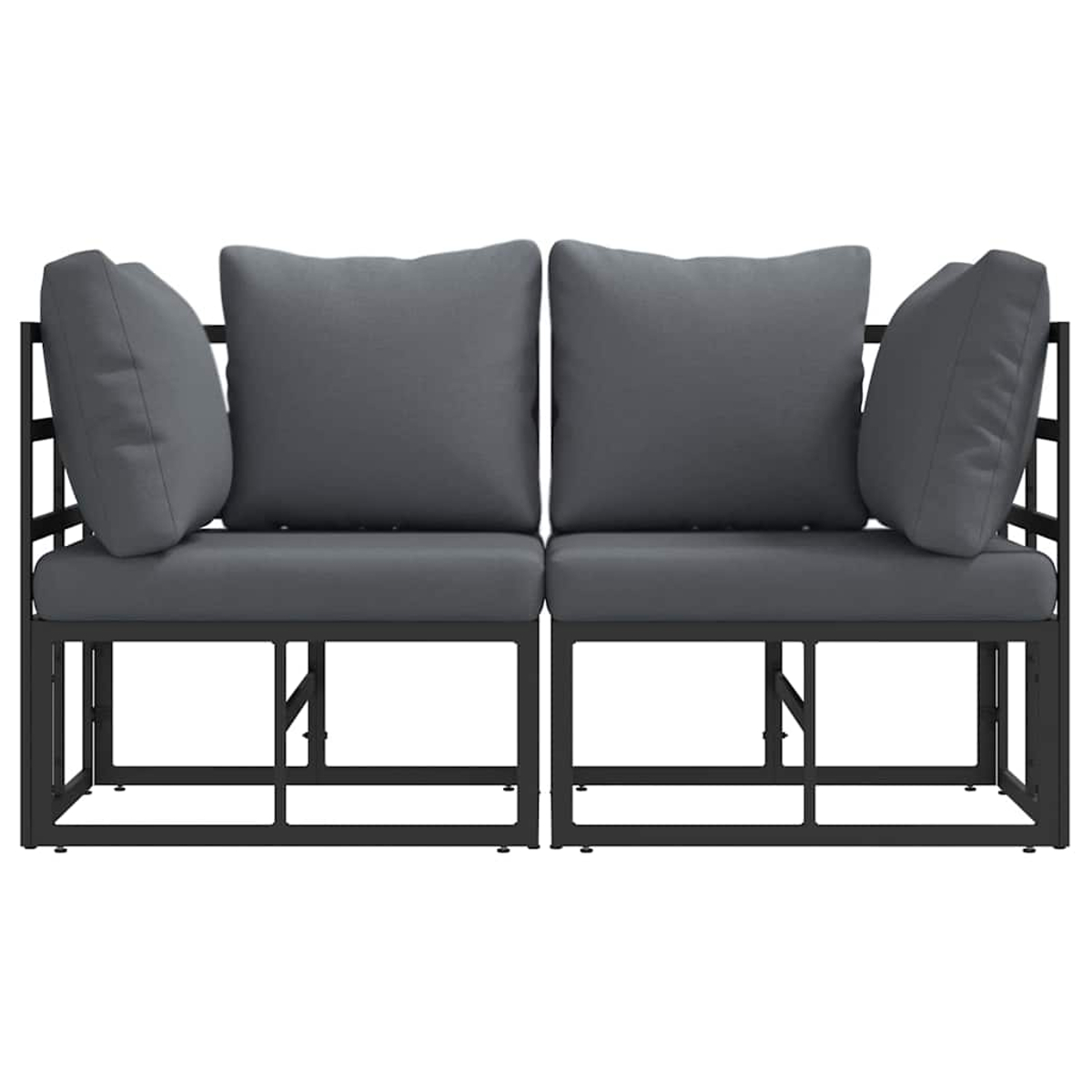 Zweisitziges Outdoor-Sofa mit dunkelgrauen Kissen. Schwarzer Metallrahmen. Weißer Hintergrund.