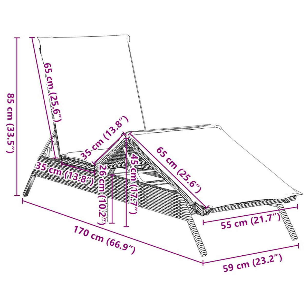 Ein Diagramm zeigt die Abmessungen einer Sonnenliege aus Rattan. Maße umfassen Länge, Breite und Höhe in Zentimetern und Zoll.
