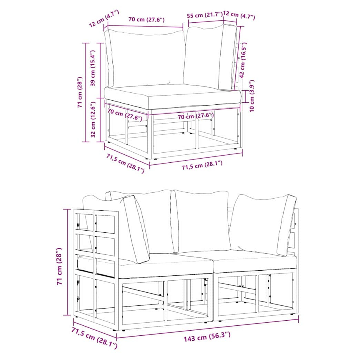 Diagramm von Gartenmöbeln. Ein Ecksofa und ein Zweisitzer, beide mit Kissen und Metallrahmen, mit Abmessungen.