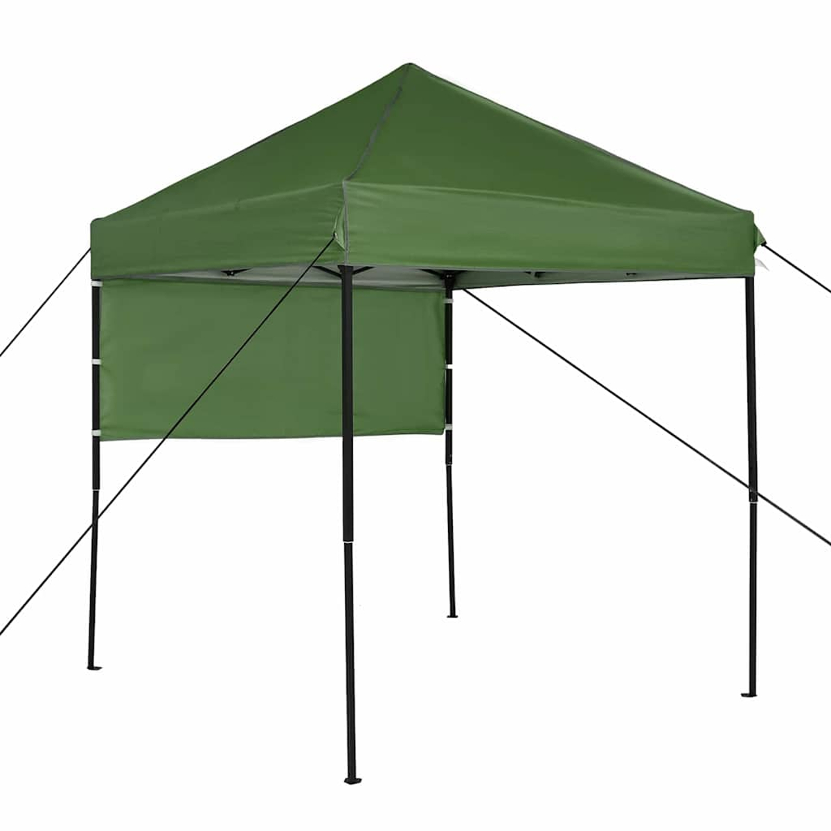 Ein grünes Pop-up-Sonnensegelzelt ist vor weißem Hintergrund aufgebaut. Es hat ein Dach, Seitenwände und schwarze Stützstangen.