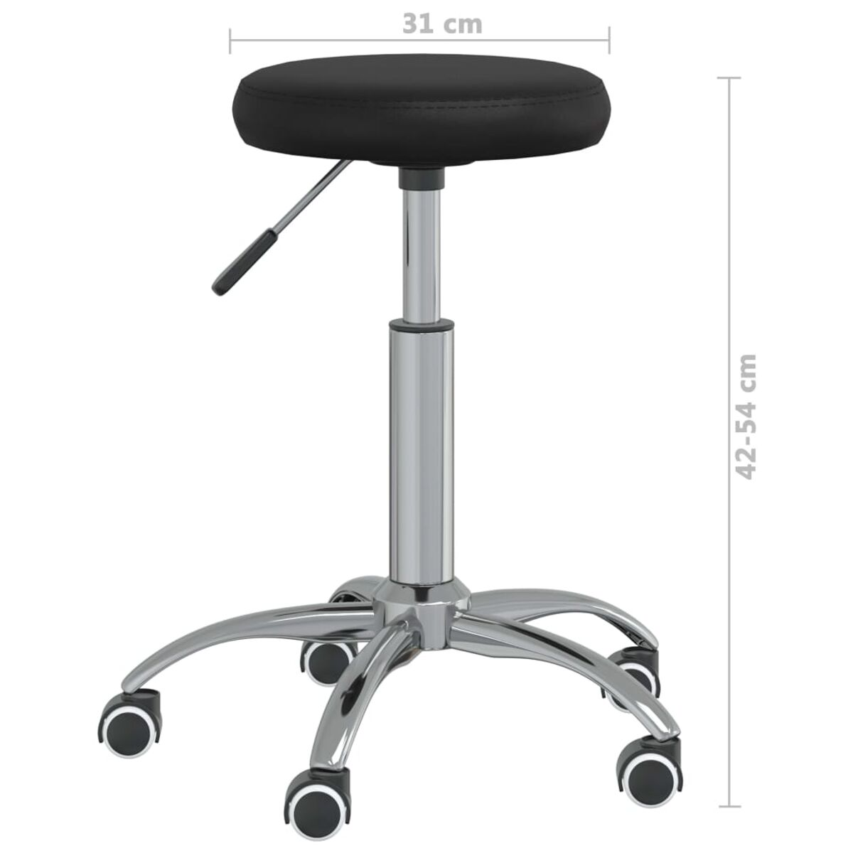 Ein schwarzer, runder Hocker mit verchromten Beinen. Er hat Räder und einen Verstellhebel. Abmessungen: 31 cm und 42-54 cm.