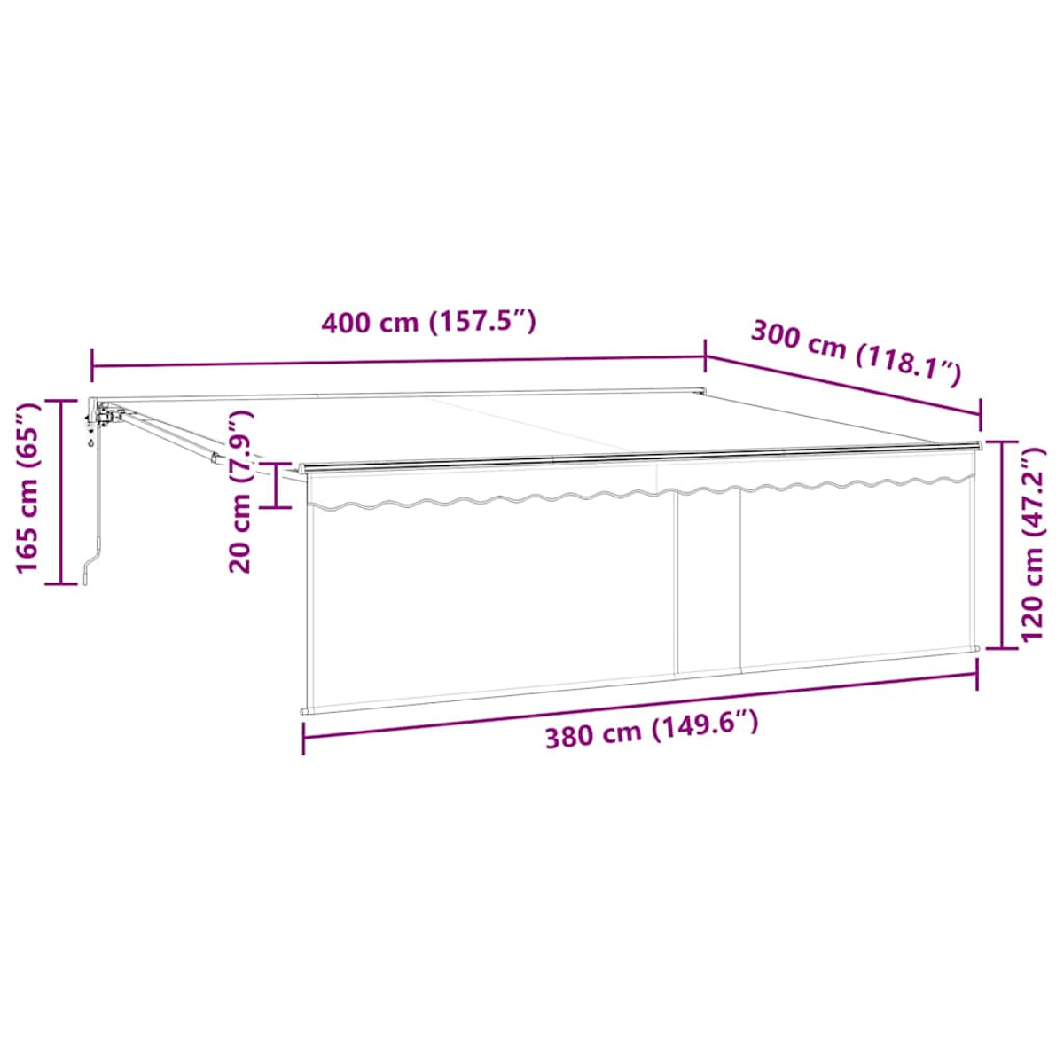 Diagramm eines Baldachins mit Abmessungen in cm und Zoll. Der Baldachin hat einen wellenförmigen Rand und ist weiß.