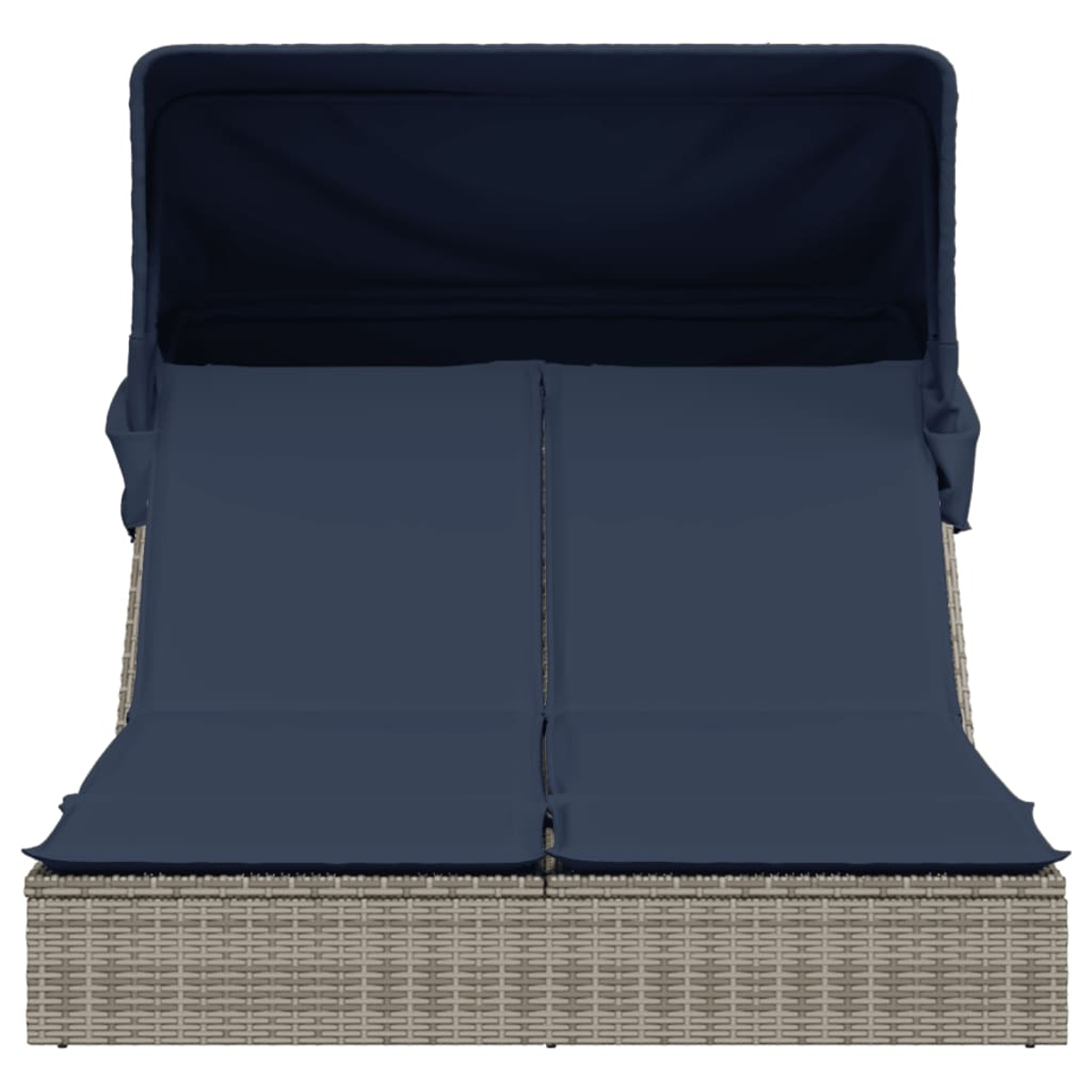 Eine doppelte Outdoor-Chaiselongue mit marineblauem Baldachin und Kissen. Die Basis ist hellgrau gewebt.