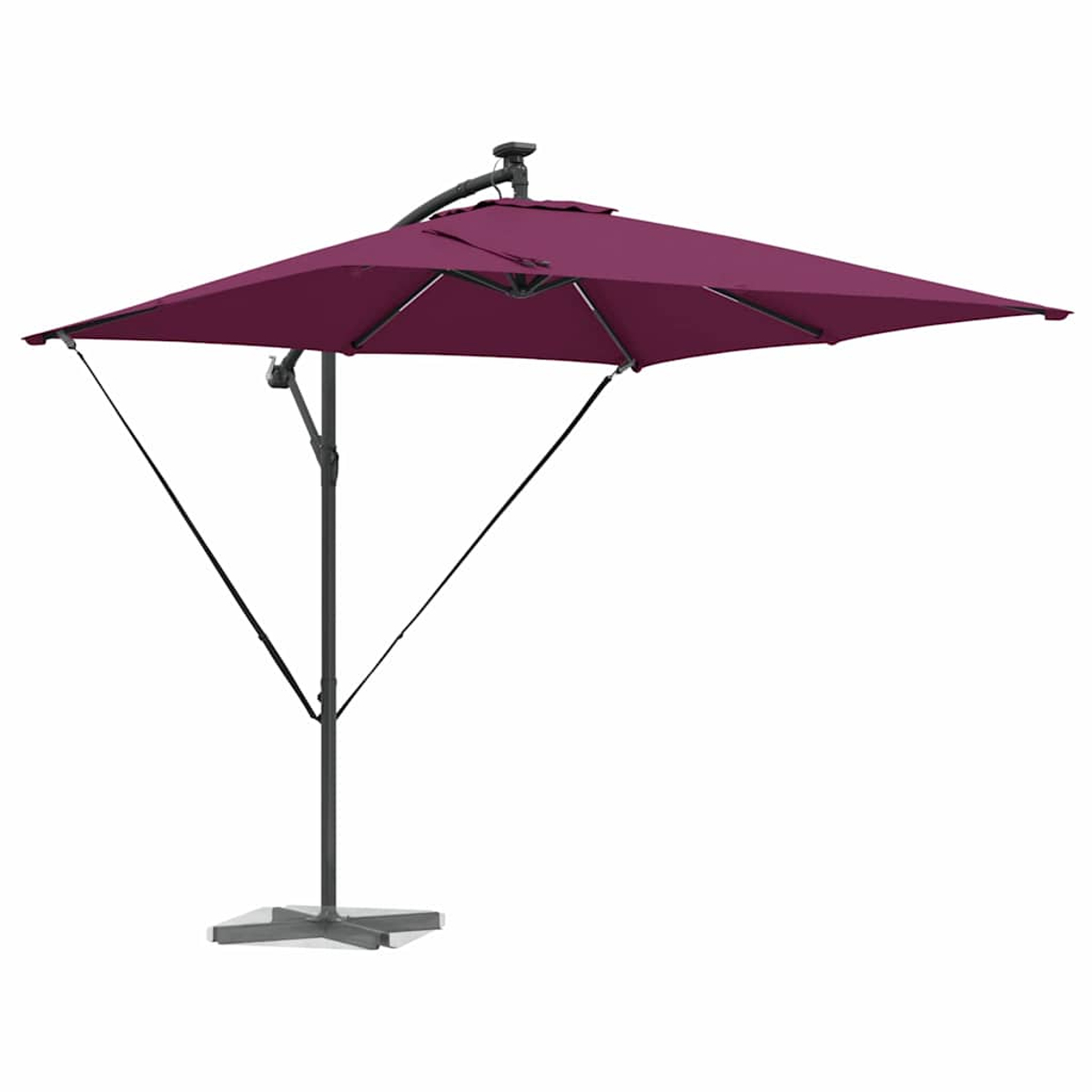 Un ombrellone da giardino bordeaux. Ha una capote quadrata, un palo di supporto nero e una base. Lo sfondo è bianco.