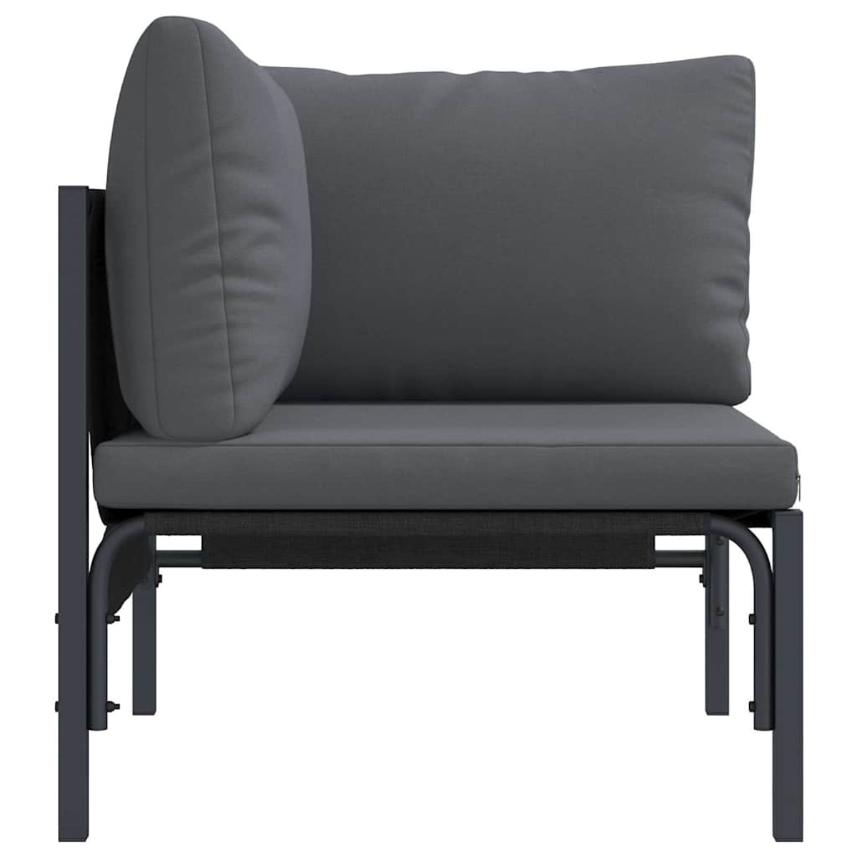 Ein graues Outdoor-Ecksofa. Es hat ein Sitzkissen, ein Rückenkissen und ein Armkissen. Der Rahmen ist dunkelgrau.
