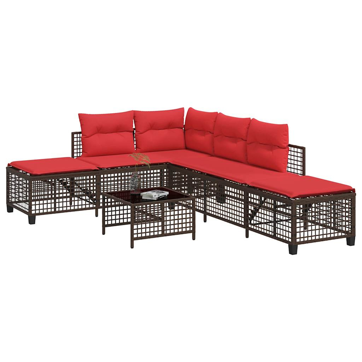 Outdoor-Ecksofa mit roten Kissen und einem kleinen Tisch. Brauner Rahmen, in L-Form angeordnet. Kissen sind leuchtend rot.