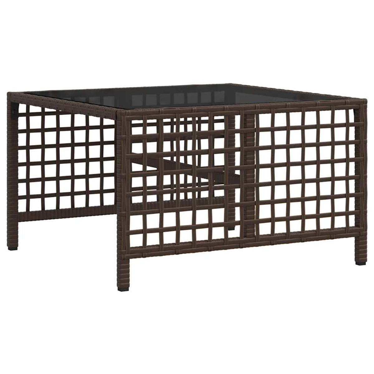 Ein brauner Korbtisch mit quadratischer Glasplatte. Der Tisch hat ein Gittermuster an den Seiten und steht vor einem weißen Hintergrund.
