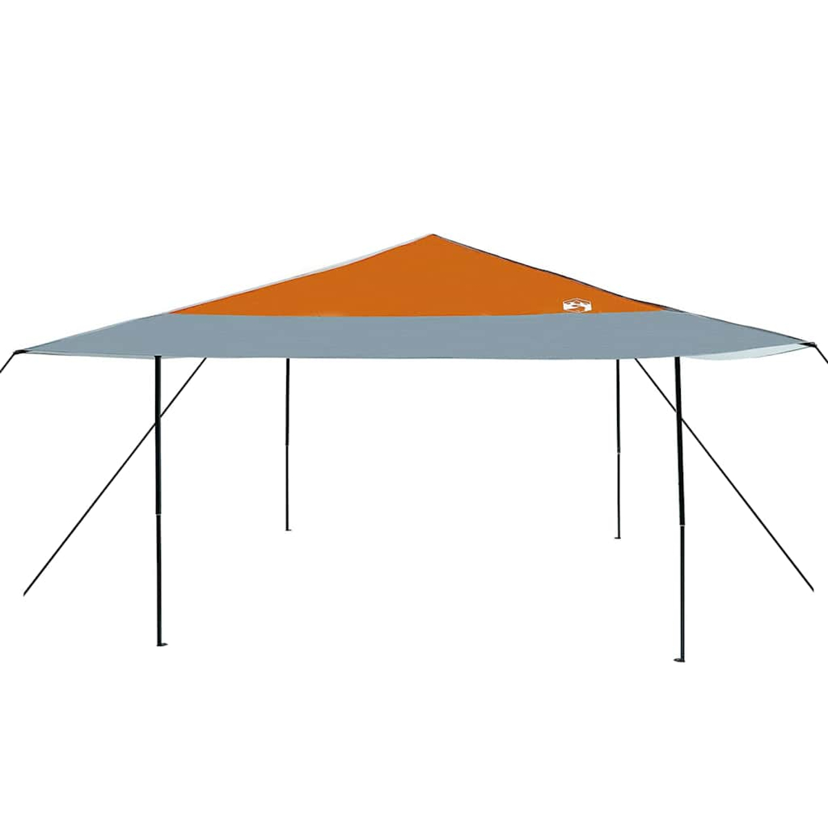 Tenda a baldacchino arancione e grigia con pali di supporto e tiranti neri, su sfondo bianco. La tenda è centrata.