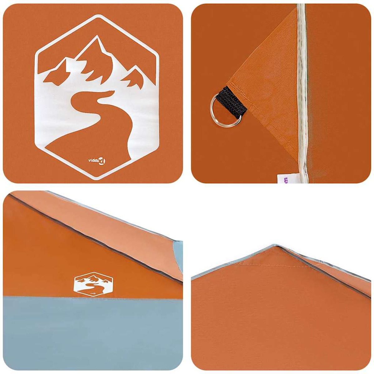 Quattro primi piani di una tenda da campeggio. La tenda è arancione con un logo bianco di montagne e un fiume. Ci sono diverse viste.