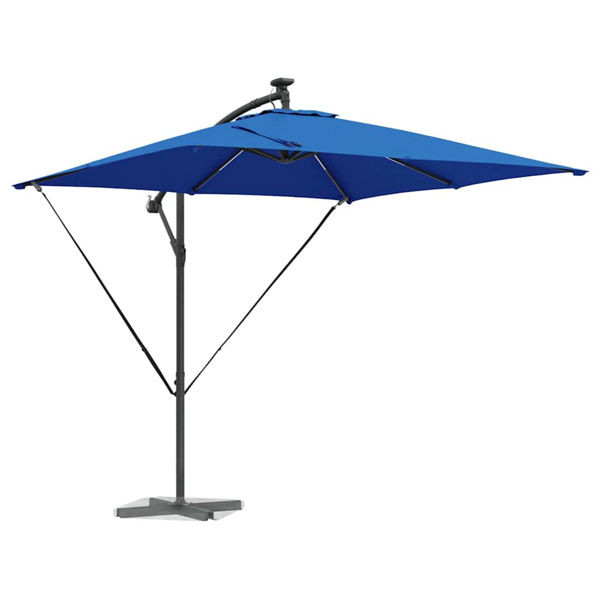Un ombrellone blu a sbalzo con telaio e base grigio scuro. È aperto, mostrando una tenda quadrata su sfondo bianco.