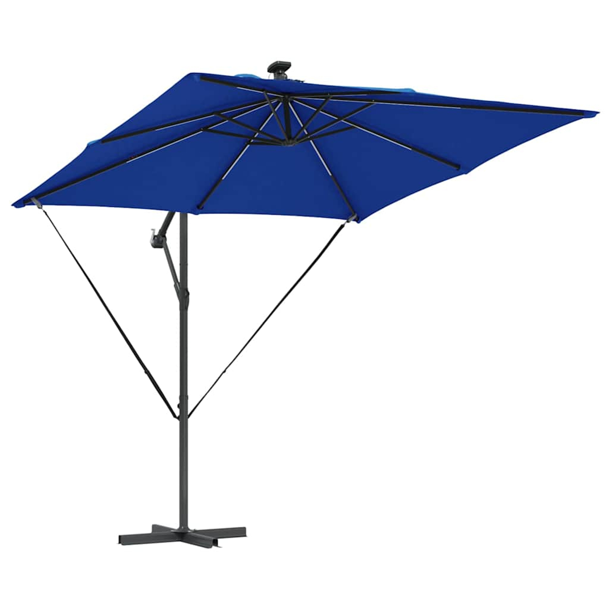 Un ombrellone quadrato blu con telaio nero. È aperto e sostenuto da un palo centrale e bracci di supporto angolati.