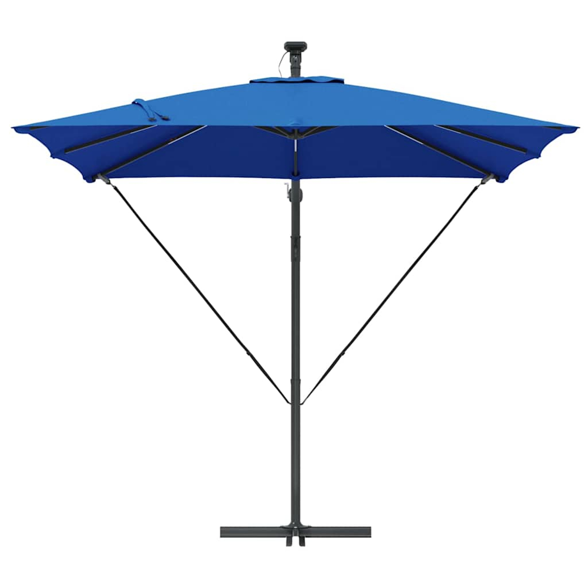 Un ombrellone blu su sfondo bianco. Ha un palo centrale e bracci di supporto.