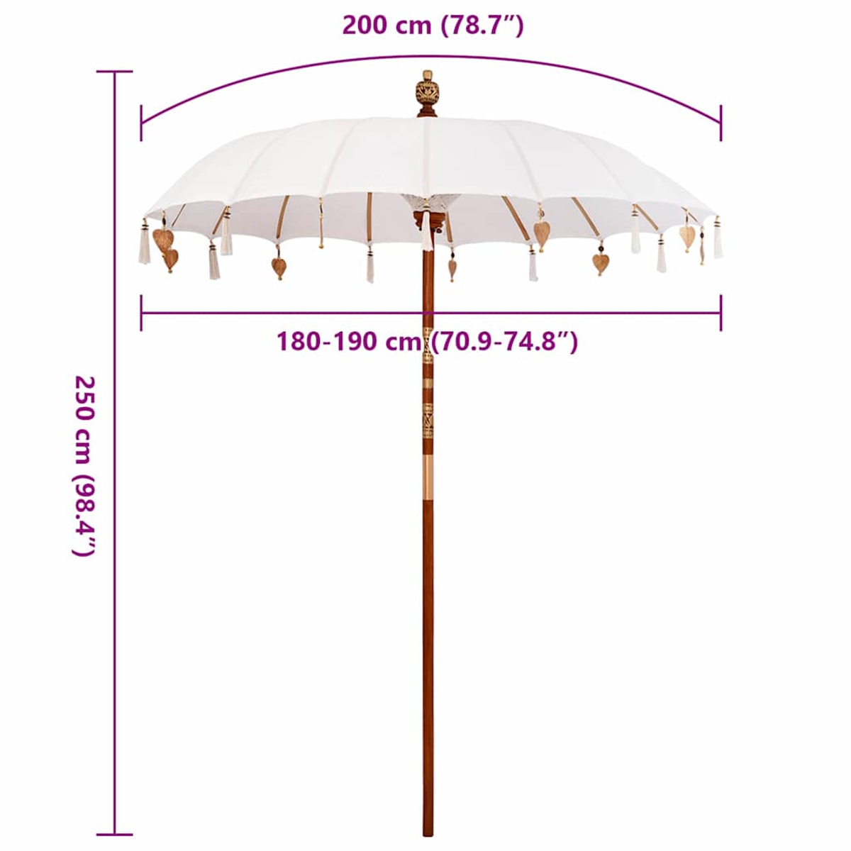 Un ombrellone bianco con un palo di legno. Ha una parte superiore decorativa e nappe. Le dimensioni sono visualizzate attorno all'ombrellone.