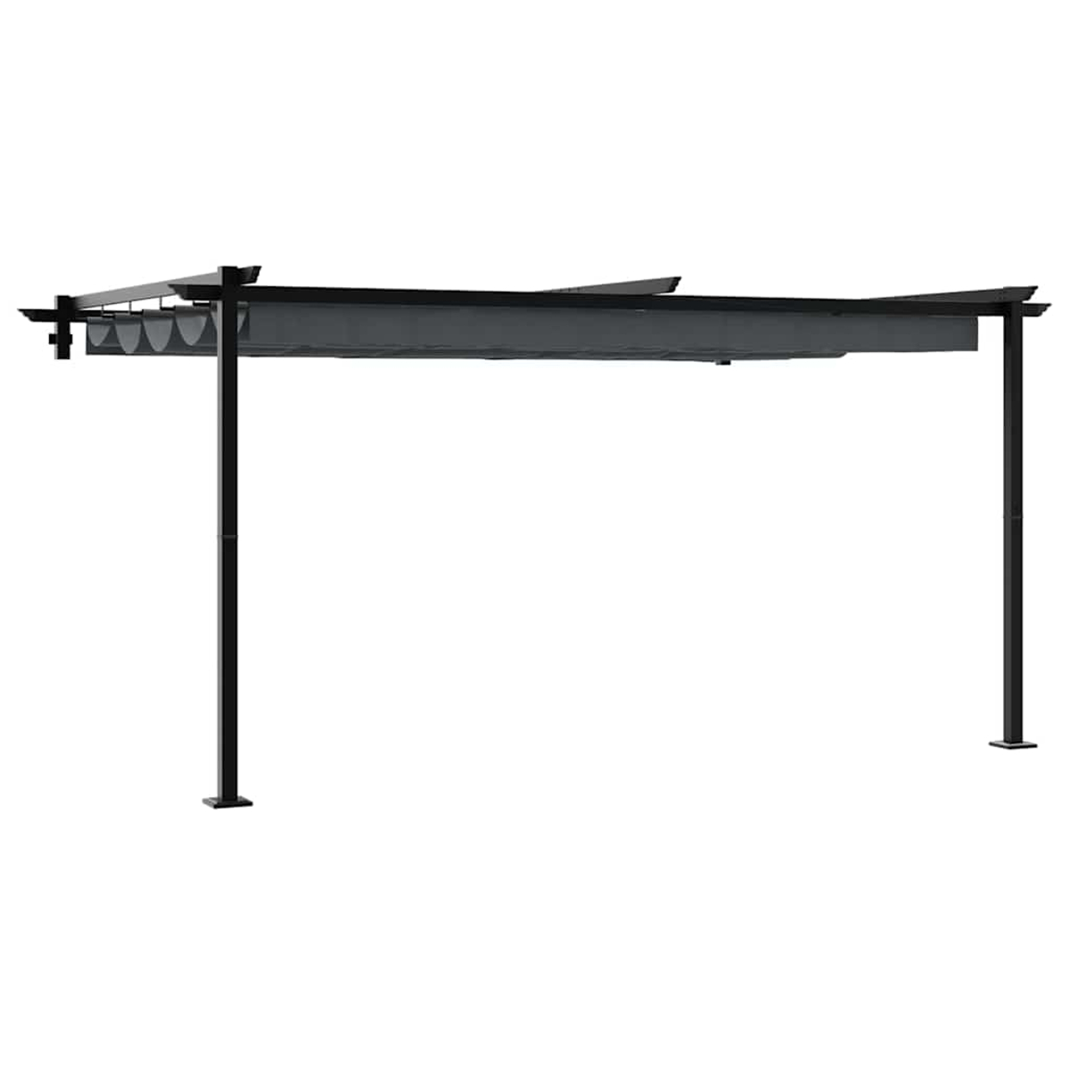 Eine schwarze Pergola mit grauem Baldachin vor weißem Hintergrund. Sie hat vier vertikale Pfosten und eine horizontale Dachkonstruktion.