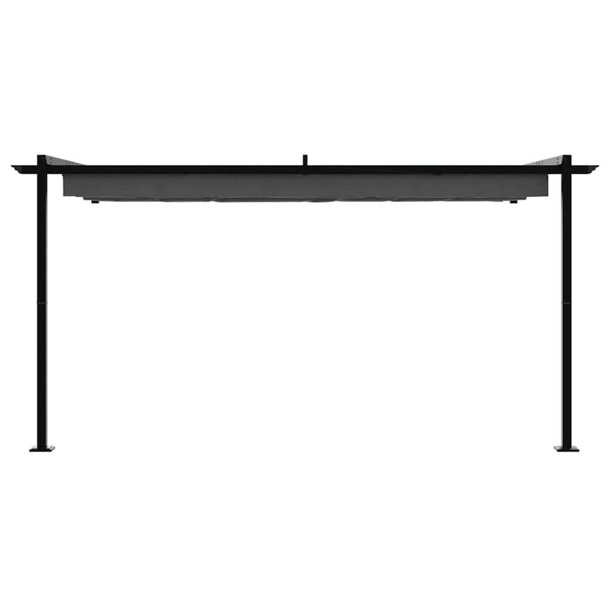 Schwarze Outdoor-Pergola. Sie hat ein graues Vordach und vier schwarze Stützbalken. Der Hintergrund ist weiß.