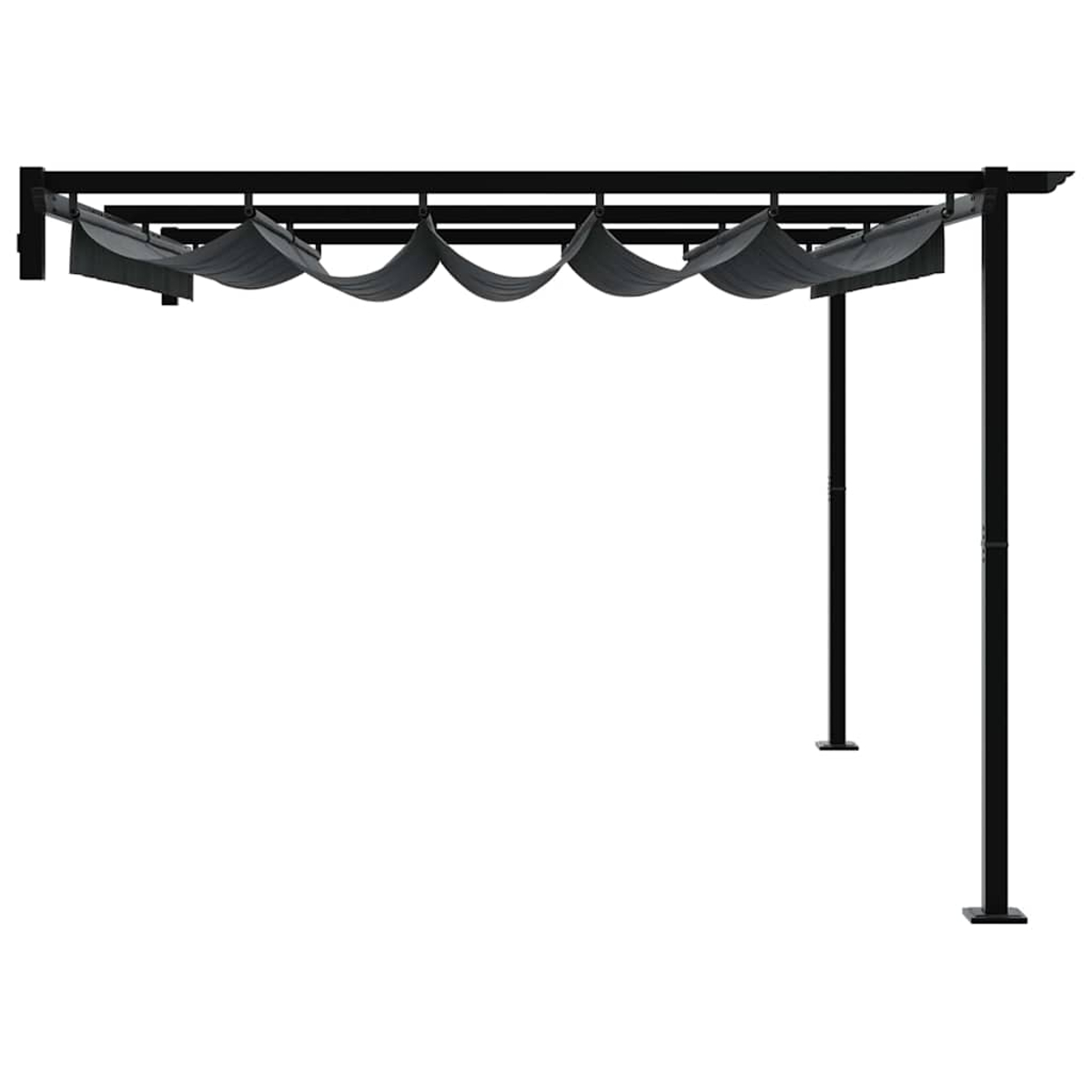 Schwarze Metallpergola mit grauen Stoffschirmen. Vier Stützpfosten. Weißer Hintergrund.