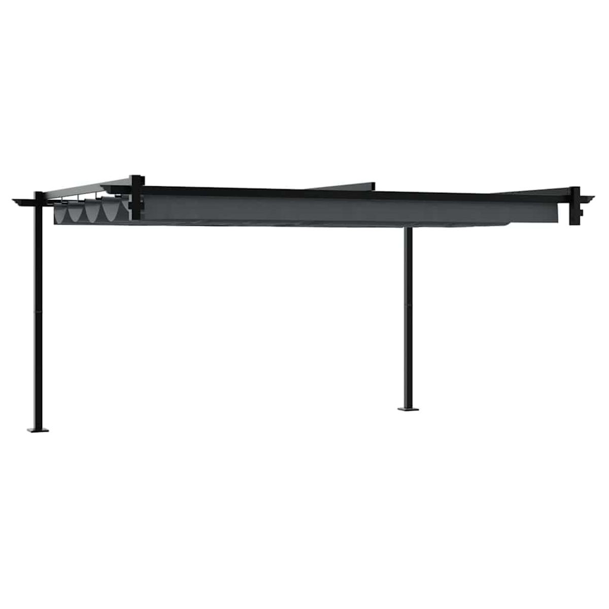 Eine schwarze Pergola mit einem einziehbaren Baldachin ist abgebildet. Sie hat vier tragende schwarze Pfeiler, und der Baldachin ist grau und gefaltet.