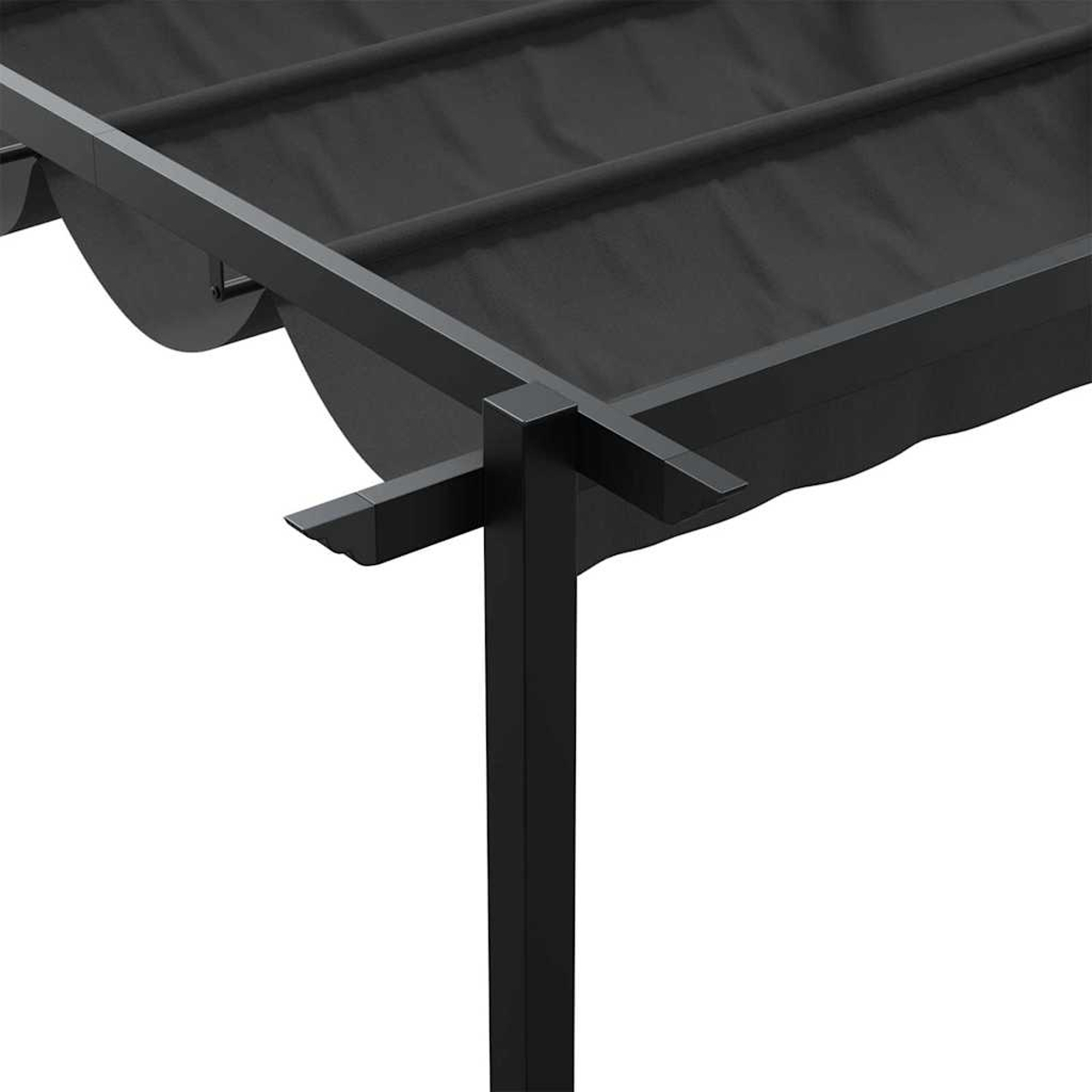 Eine schwarze Pergola mit Stoffdach. Der Rahmen ist aus schwarzem Metall. Das Verdeck ist wellenförmig gefaltet.