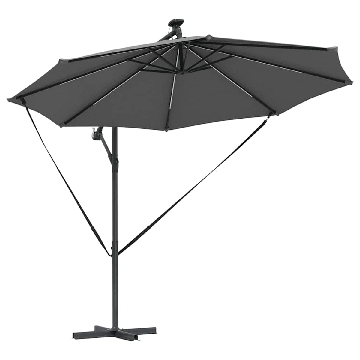 Un ombrellone da patio a sbalzo grigio scuro, aperto. Presenta una struttura e una base in metallo, con cinghie di supporto. Su sfondo bianco.