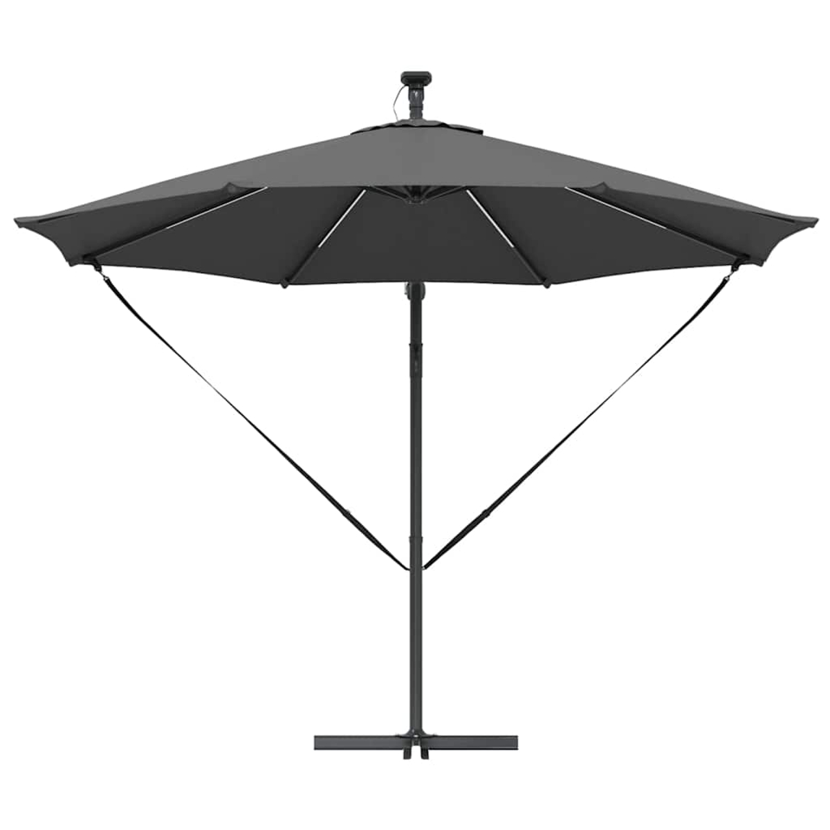 Un ombrellone da patio grigio scuro con un palo centrale e una struttura di supporto, su sfondo bianco.