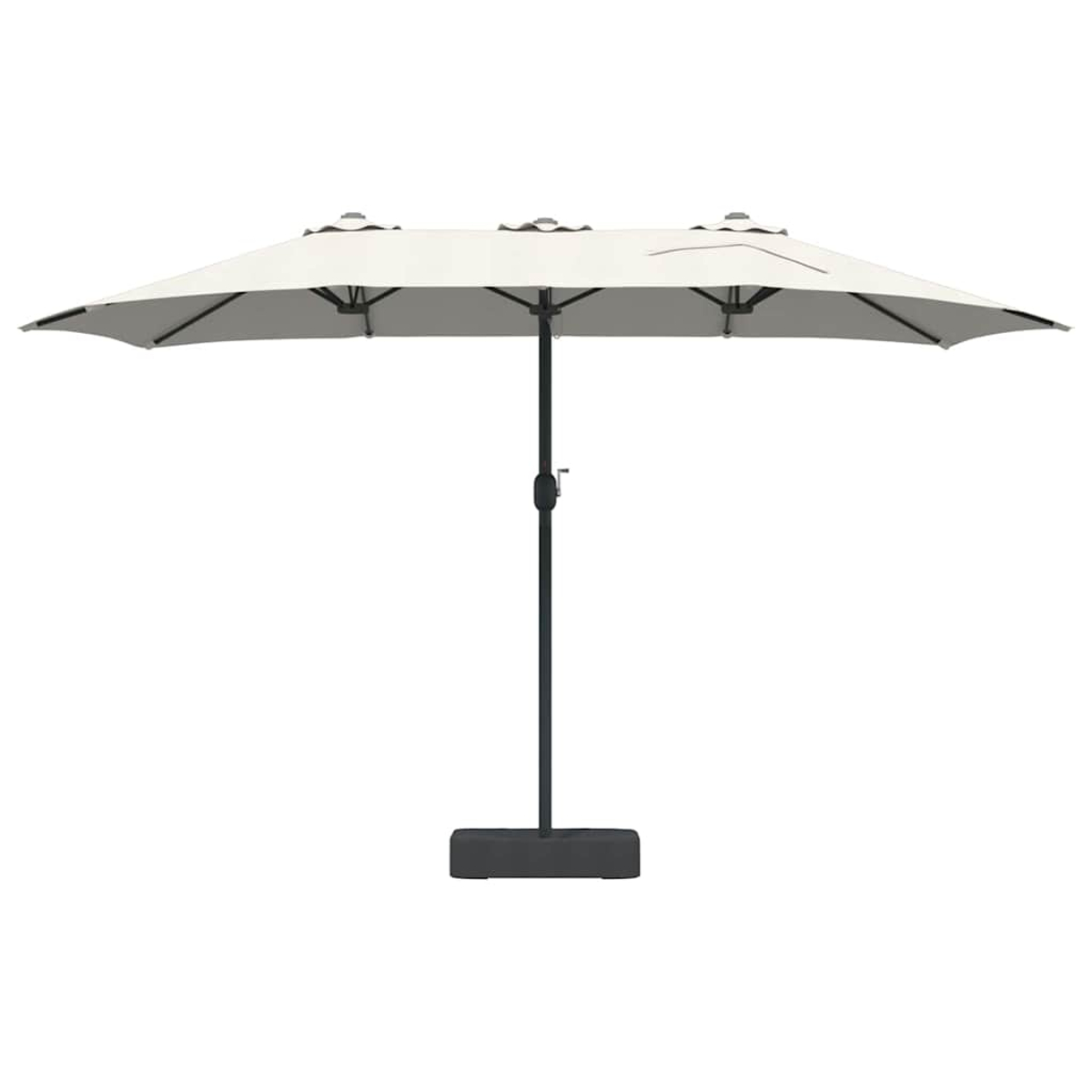 Un grande ombrellone da patio beige rettangolare con palo e base neri, su sfondo bianco.