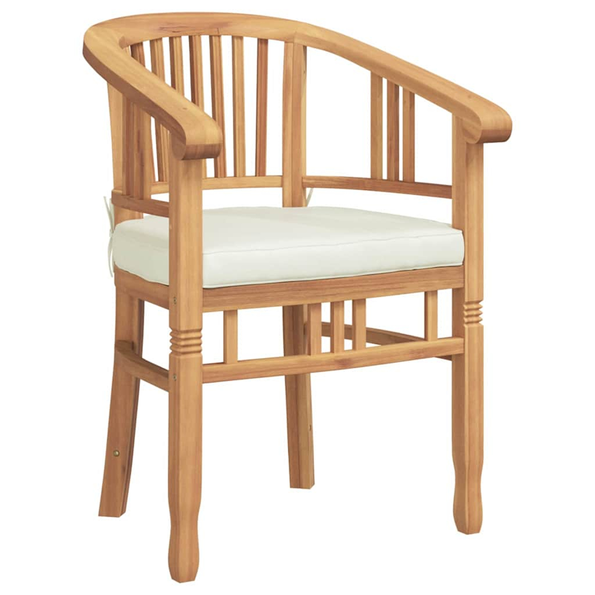 Sillón de madera con cojín blanco. La silla tiene respaldo y reposabrazos curvos. El asiento es rectangular y las patas rectas.