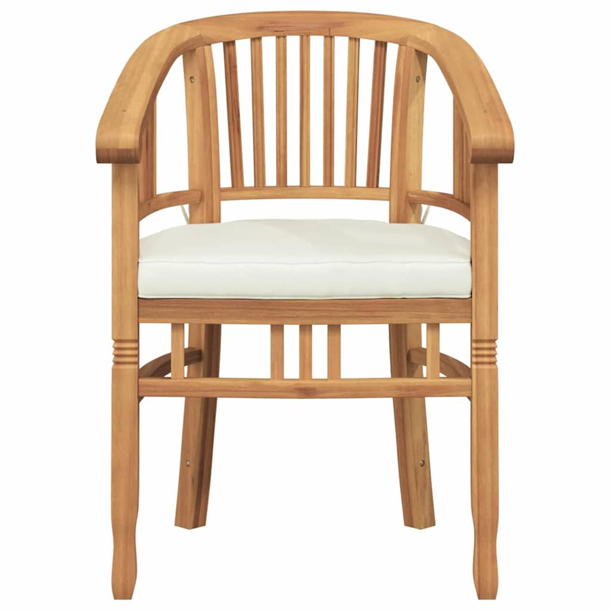 Silla de madera con cojín blanco. Tiene respaldo y reposabrazos curvos. La silla es de madera marrón claro.