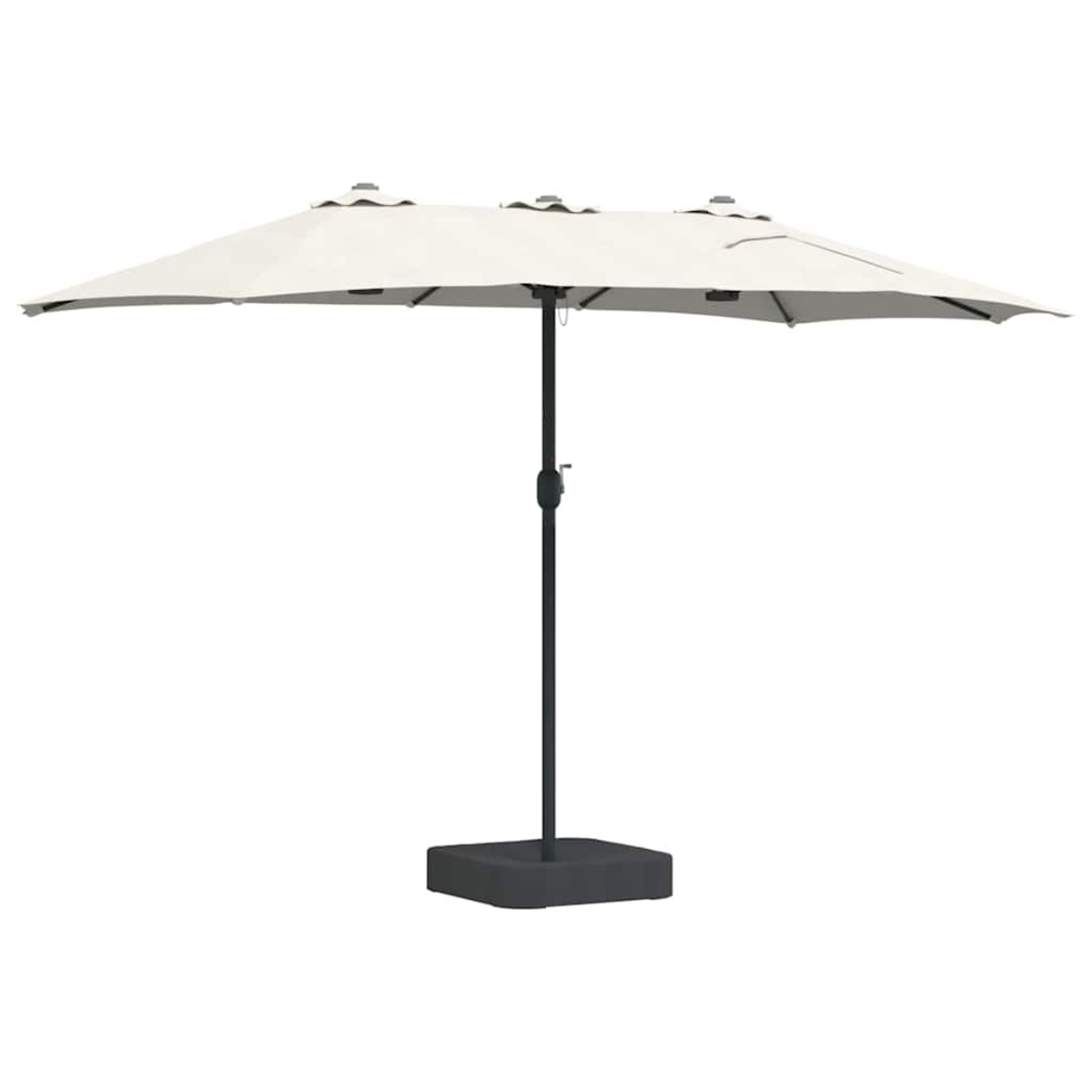 Un ombrellone rettangolare bianco su un palo e una base neri. Lo sfondo è bianco semplice.