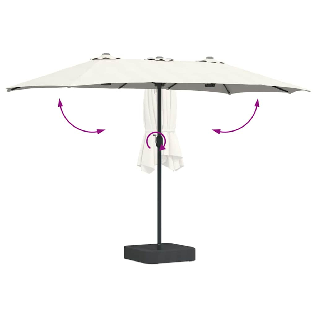 Un ombrellone da patio rettangolare bianco con palo e base neri, frecce viola indicano la direzione di apertura.