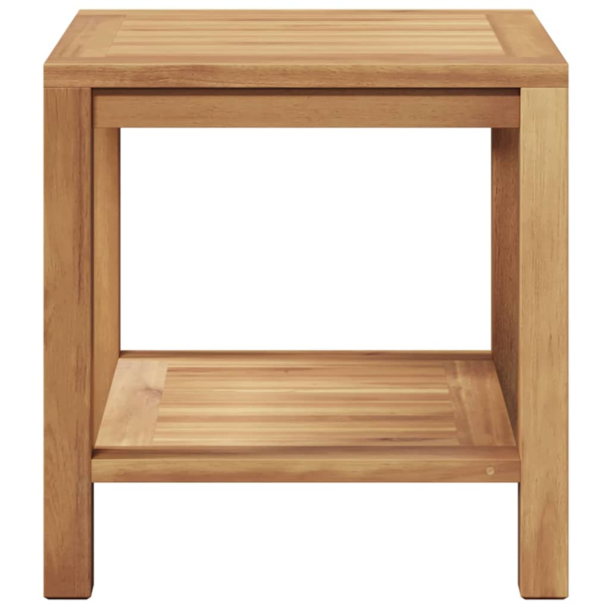 Ein Beistelltisch aus Holz mit einer Oberseite, einem unteren Regal und vier Beinen. Er ist aus hellbraunem Holz gefertigt.