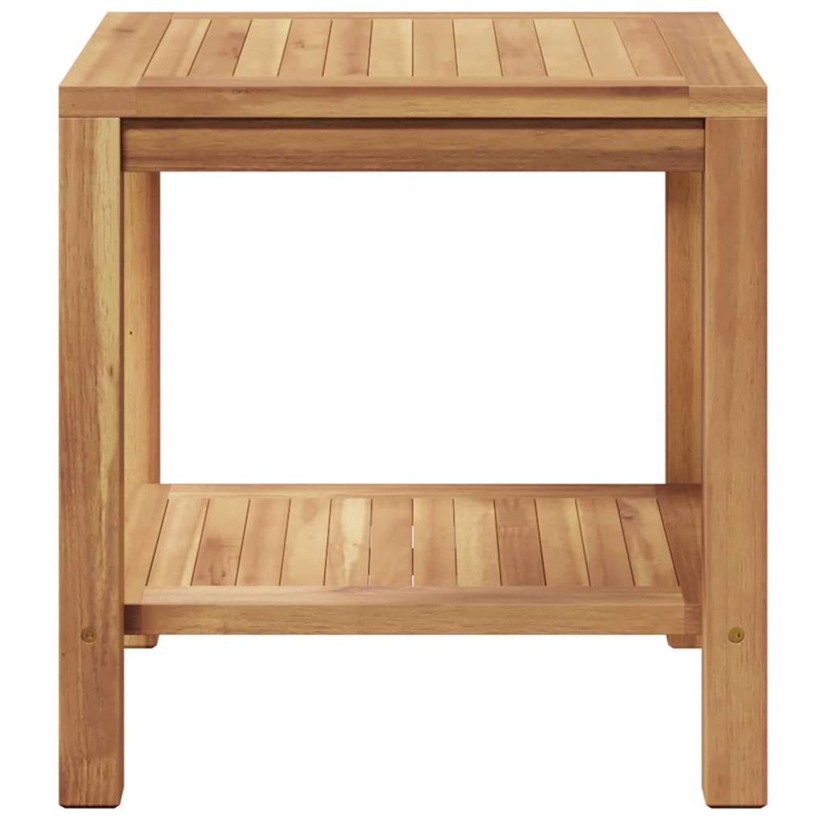 Holz-Beistelltisch mit einer Ober- und einer Ablage. Der Tisch ist braun und hat in der Mitte einen offenen Raum. Er hat ein einfaches Design.