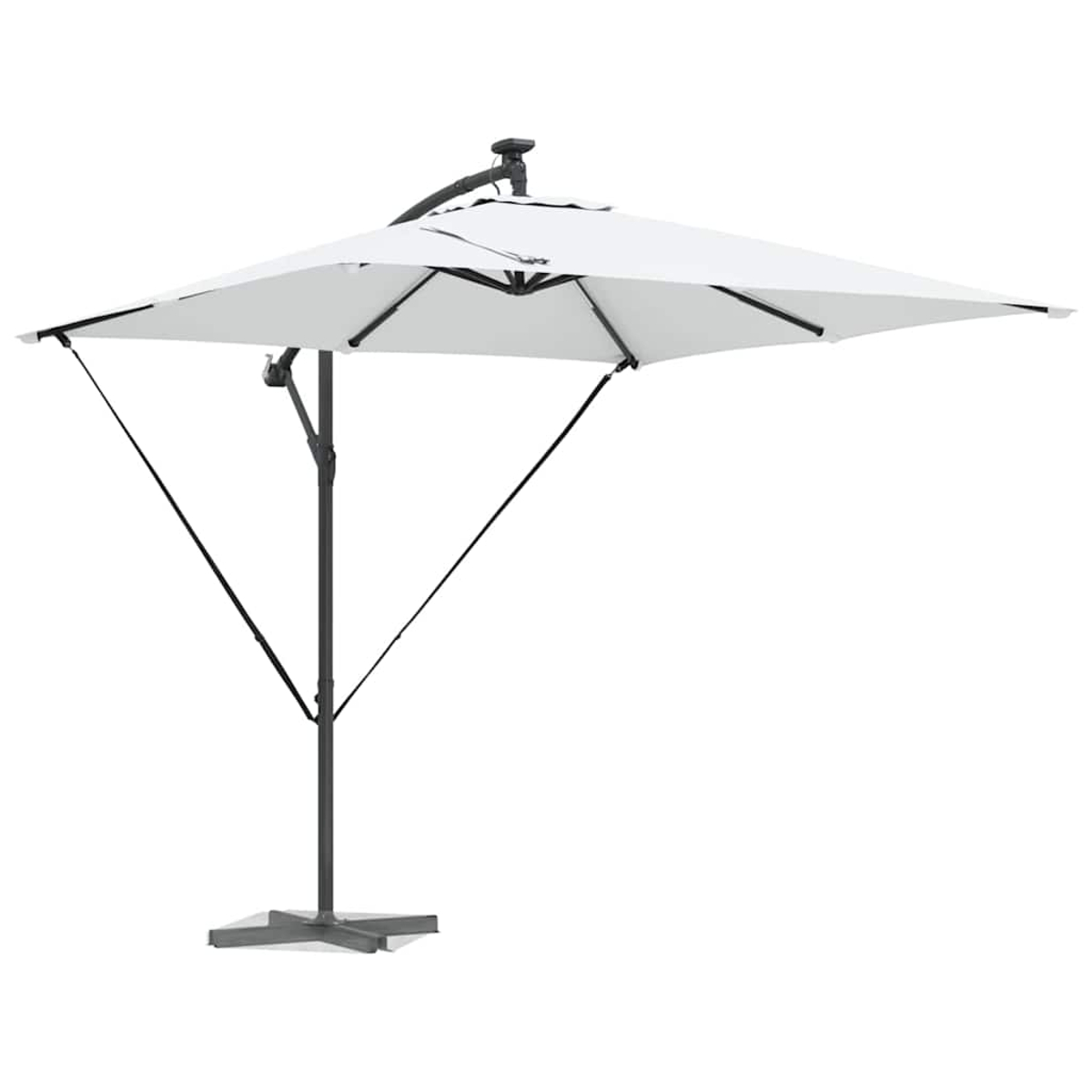 Un ombrellone quadrato bianco con palo e base grigio scuro, su sfondo bianco. L'ombrellone è aperto.