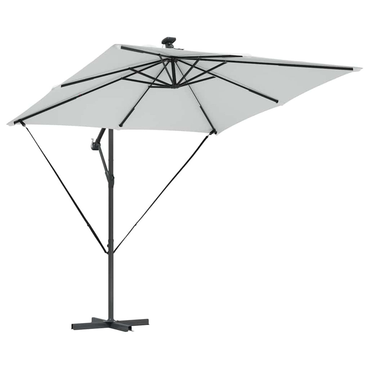 Un ombrellone da patio bianco quadrato con telaio nero si trova su una base grigia. L'ombrellone è aperto, angolato e su sfondo bianco.