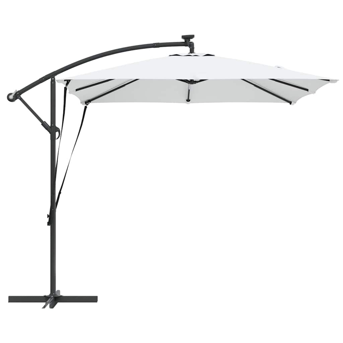 Un ombrellone da patio bianco e rettangolare con un telaio di supporto curvo nero. La base è anch'essa nera. Lo sfondo è bianco.
