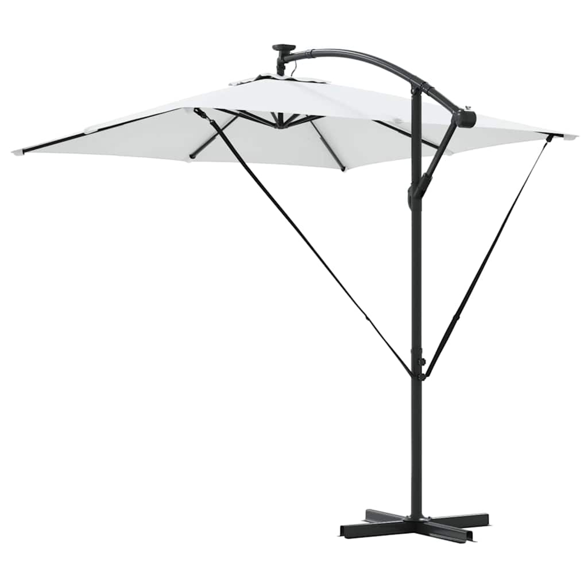 Un ombrellone da patio bianco e quadrato con struttura e base nere su sfondo bianco. L'ombrellone è aperto.