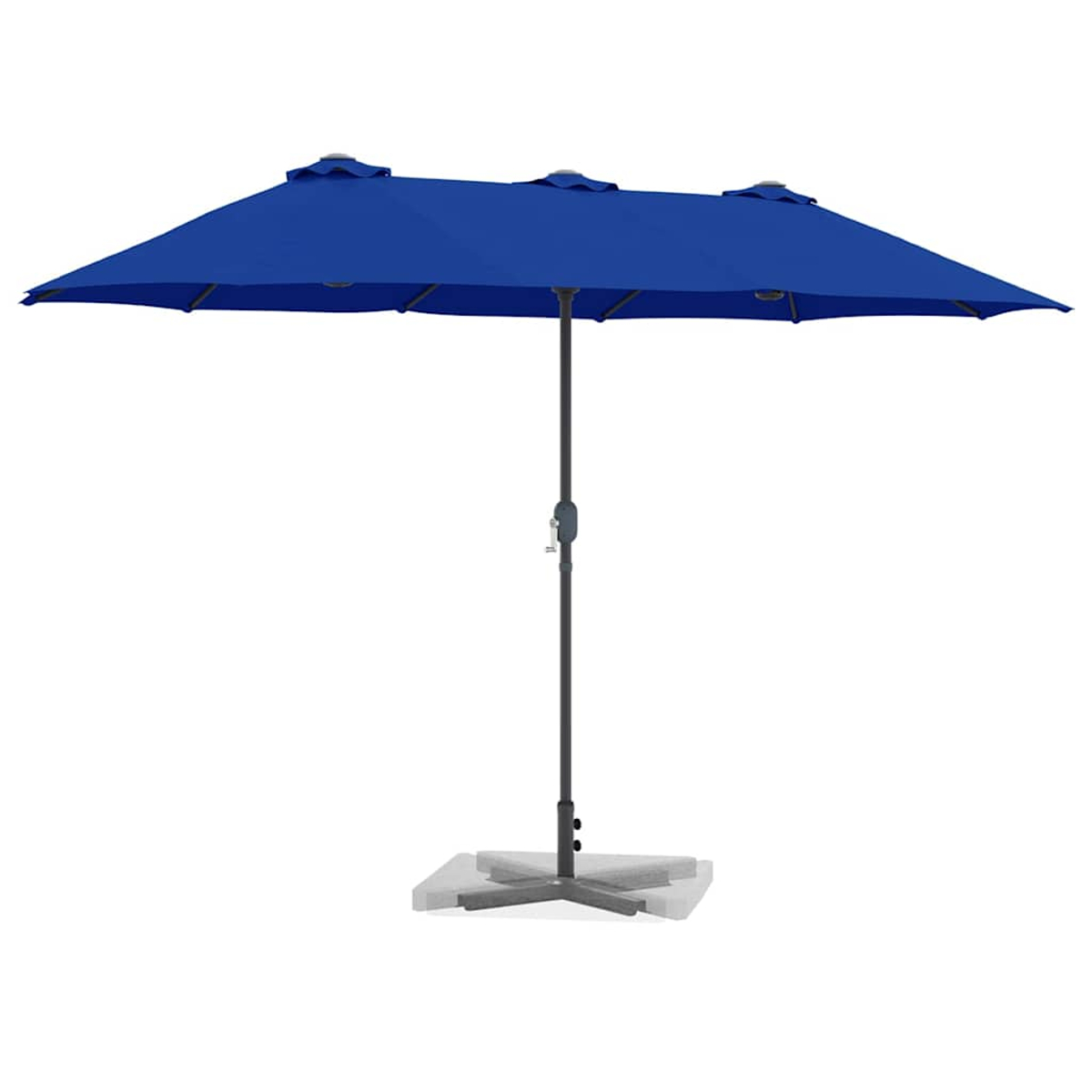 Un ombrellone blu rettangolare su sfondo bianco. L'ombrellone è aperto, con un palo e una base grigio scuro.