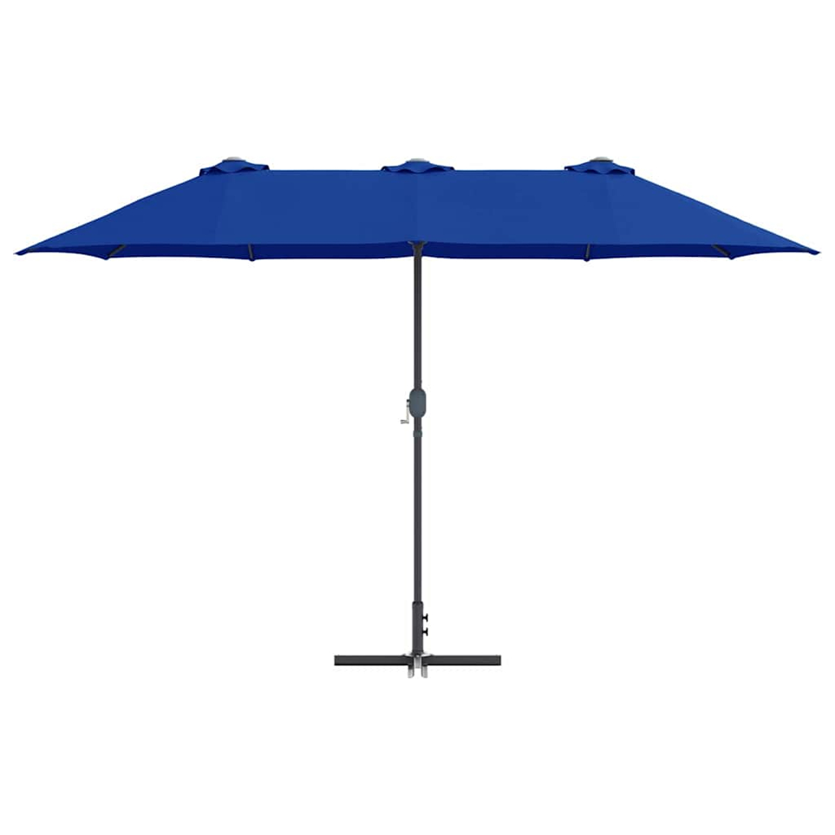 Un grande ombrellone da patio blu rettangolare con un palo e una base scuri, su sfondo bianco.