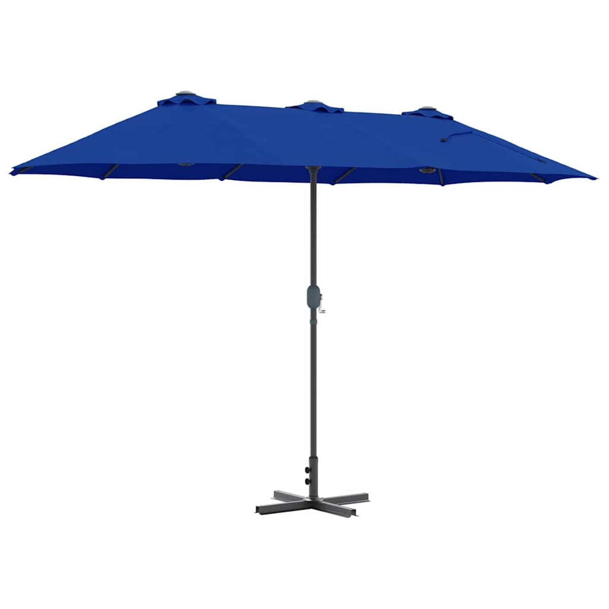 Un ombrellone da patio blu rettangolare con palo e base grigio scuro è centrato su uno sfondo bianco. L'ombrellone è aperto.