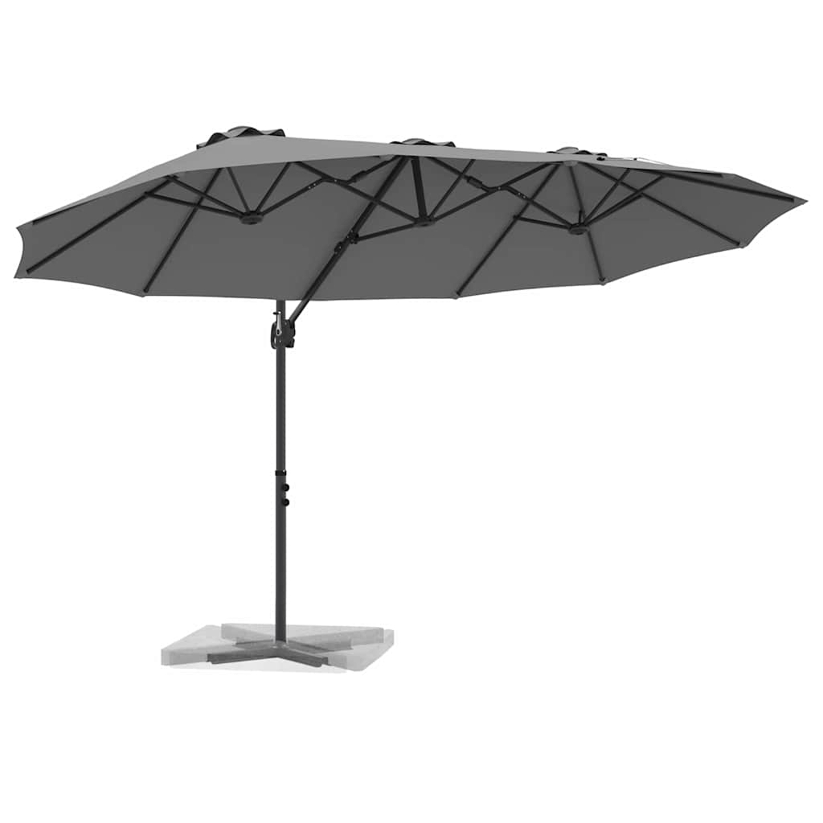 Un grande ombrellone da patio grigio a doppia faccia. L'ombrellone è aperto, con palo e base scuri. Lo sfondo è bianco.
