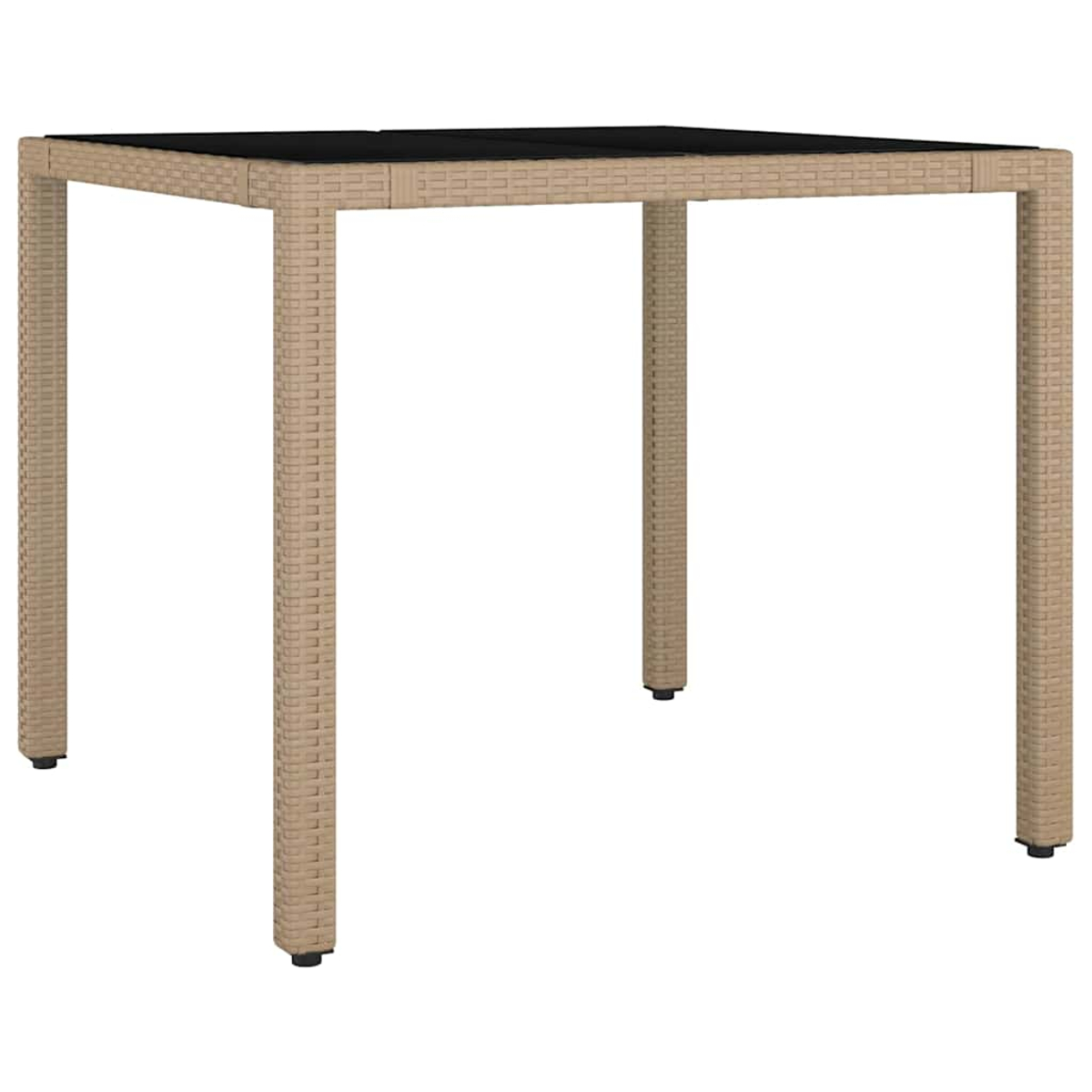 Ein quadratischer Tisch mit schwarzer Platte und beigefarbenen Beinen. Die Beine haben ein gewebtes Muster.