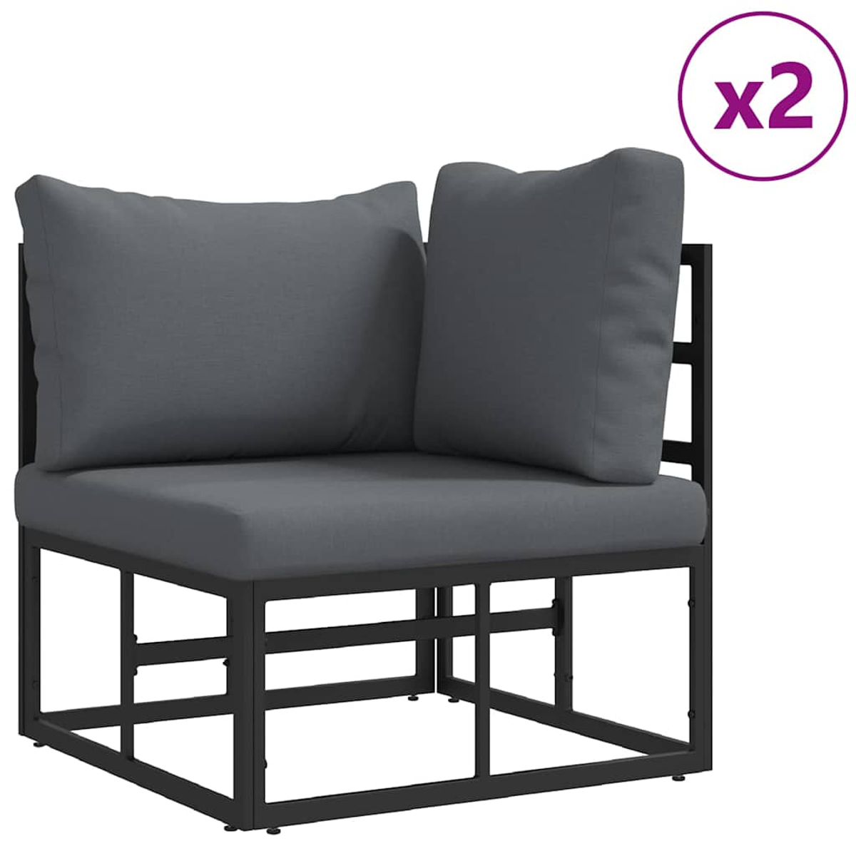 Graues Ecksofa mit zwei Kissen. Schwarzer Metallrahmen. Das Bild zeigt zwei dieser Sofas.