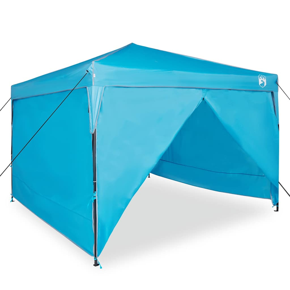 Una tenda a baldacchino azzurra su sfondo bianco. Ha un tetto a punta e un davanti aperto. Sono visibili i tiranti.