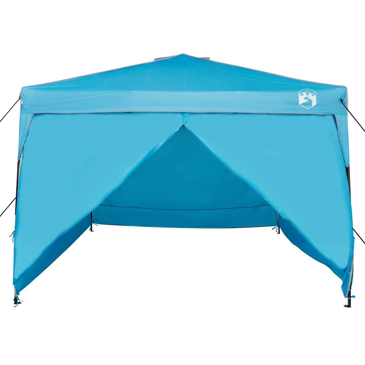 Una tenda con tettoia blu con la parte anteriore aperta. La tenda ha un bordo e un logo grigi. Sono visibili pali di supporto neri.