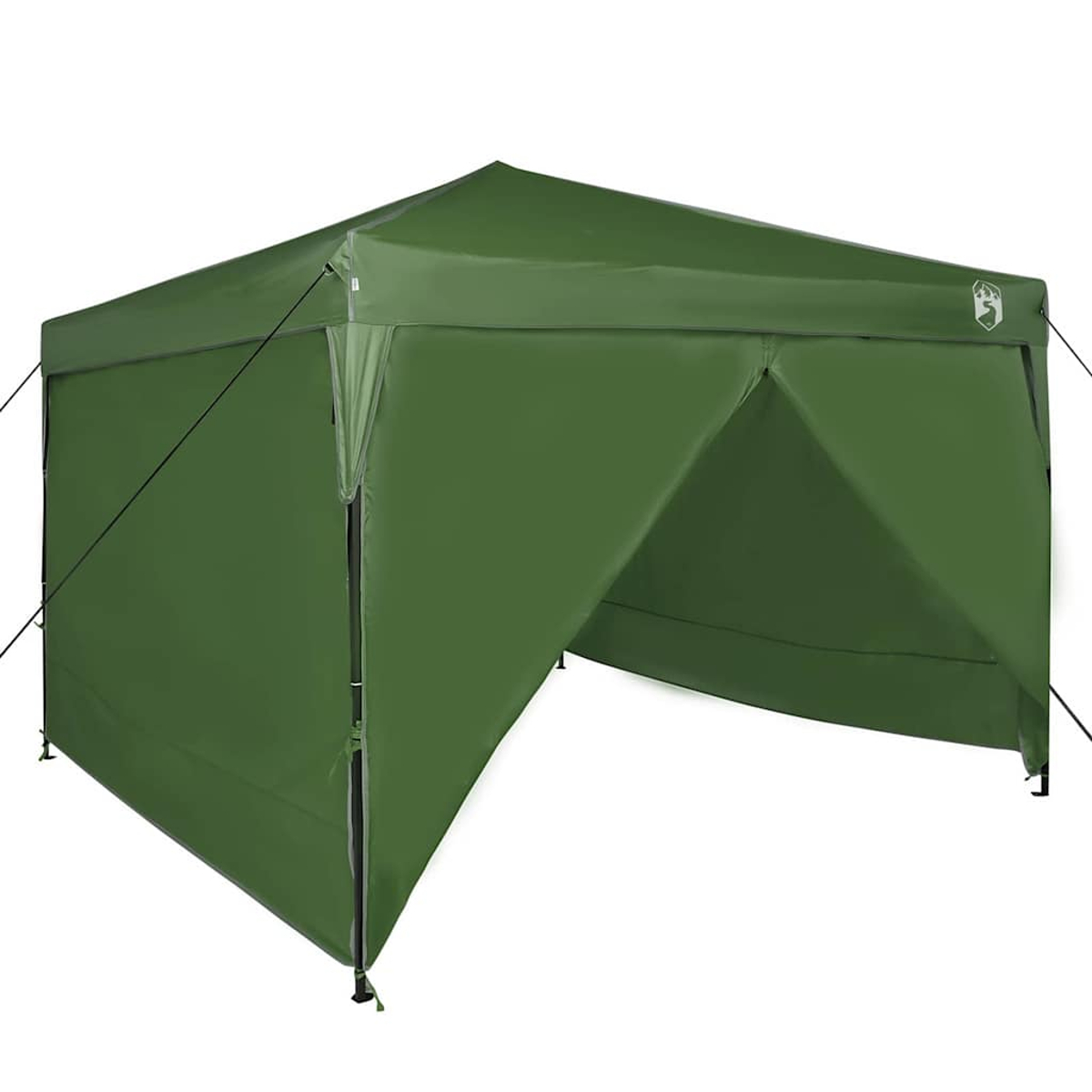 Una tenda a baldacchino verde con tetto a punta è allestita. La tenda ha pareti laterali e un fronte aperto, su sfondo bianco.