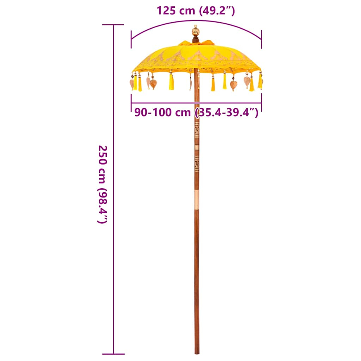 Ein gelber balinesischer Schirm wird gezeigt, mit den Maßen 125 cm Breite, 90-100 cm Höhe und einer Gesamtstangenhöhe von 250 cm.