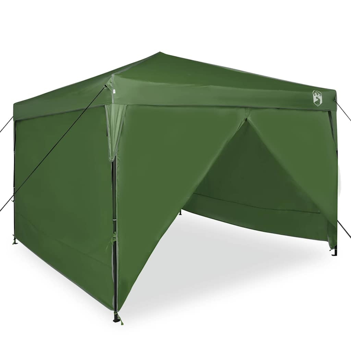 Un gazebo verde è allestito su una superficie bianca. Ha un tetto a punta e un fronte aperto. I tiranti si estendono verso l'esterno.