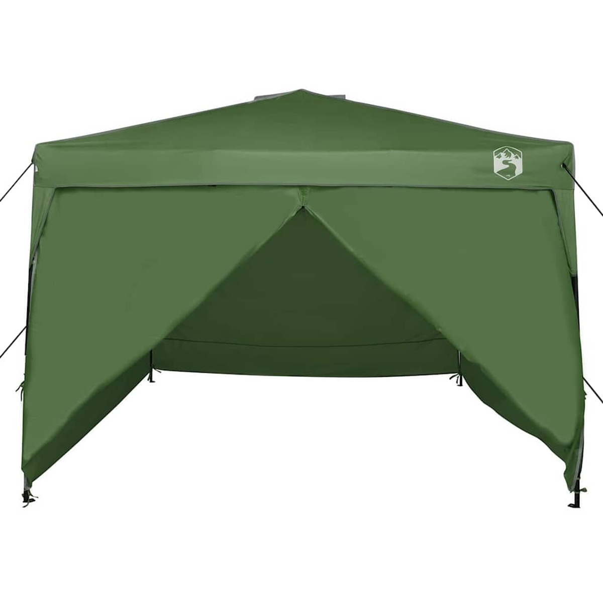 Un tendone verde pop-up è allestito, mostrando il suo ingresso aperto. La tenda ha un logo sul lato ed è contro uno sfondo bianco.