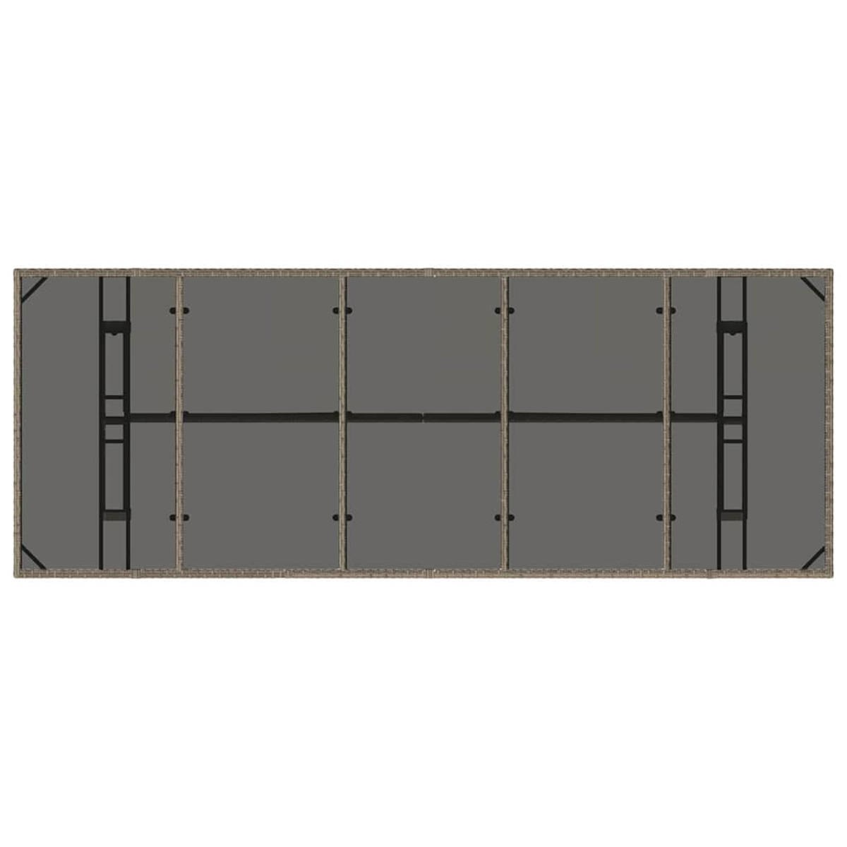 Vista aérea de una mesa rectangular. Tiene una superficie gris dividida en secciones, rodeada por un borde marrón tejido y soportes negros.