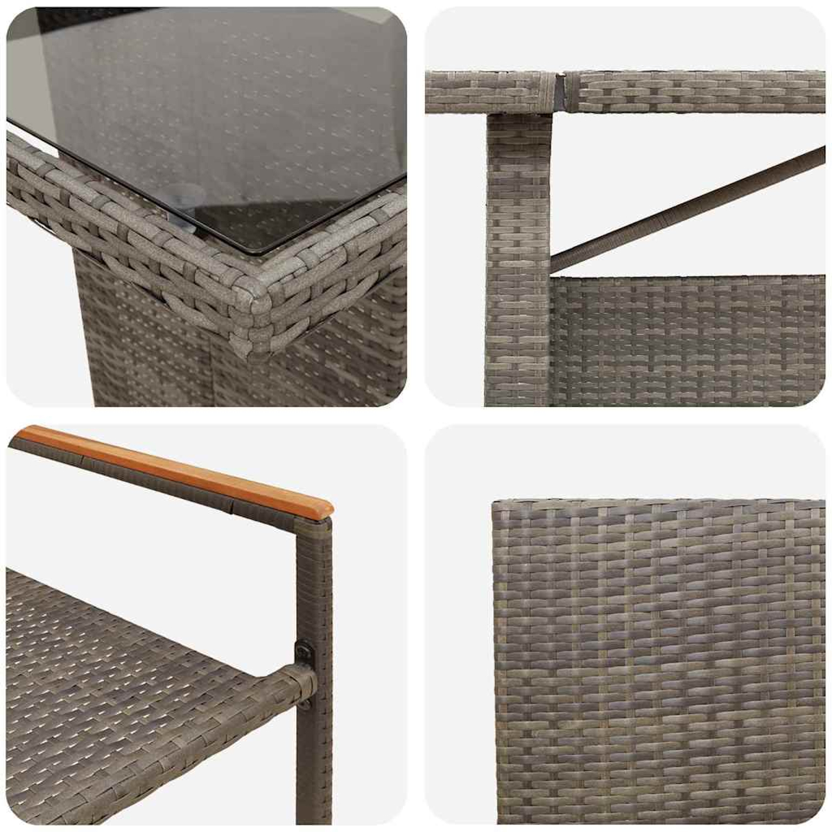 Primer plano de muebles de patio tejidos grises. Se muestran partes de una mesa y una silla, detallando la textura tejida y el reposabrazos de madera.
