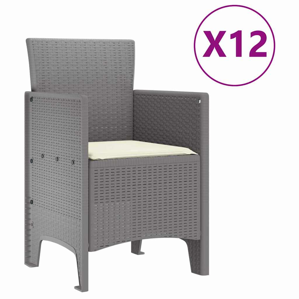 Ein grauer Rattan-Stuhl mit einem cremefarbenen Kissen. Ein violetter Kreis mit 'X12' befindet sich in der oberen rechten Ecke.